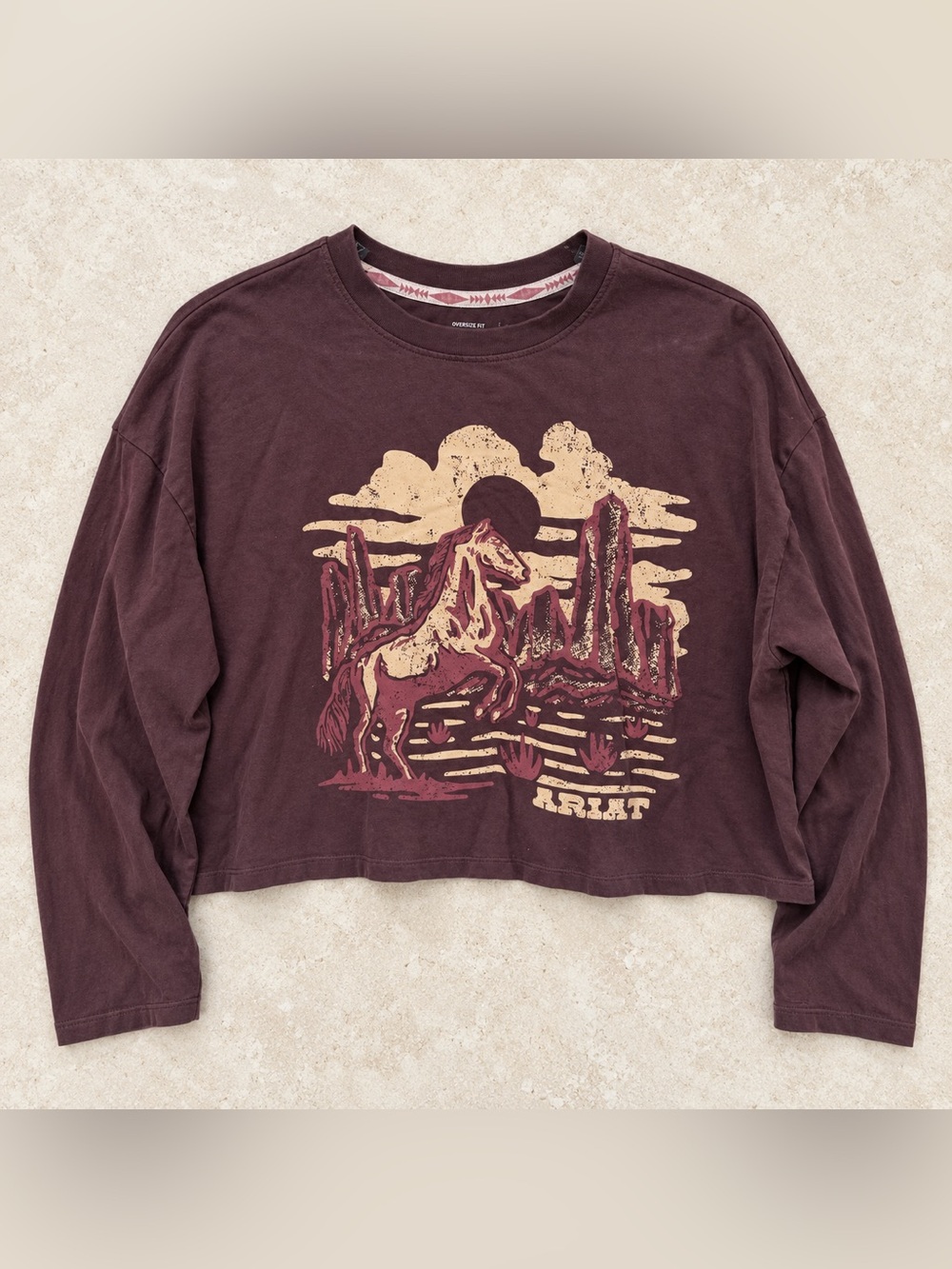 Women's Maroon Ariat Graphic Oversit Fit Long-Sleeve Tee with Desert Horse Print